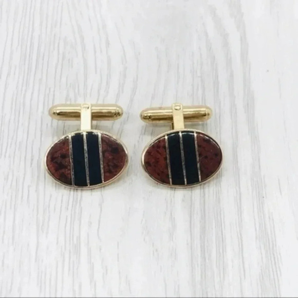 𝅺STYLISH Mod 1960s Vintage Burl Wood Look and Onyx Inlay Cufflinks.​ - Picture 8 of 10
